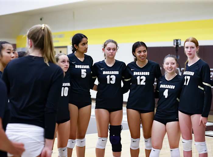 Mitty players L-R Savannah Baron (10), Amiya Kuchibhotla (5), Madison Courtney (13), Kacie Caolli (12), Annabella Rando (4) and Katelyn Sentous (17).